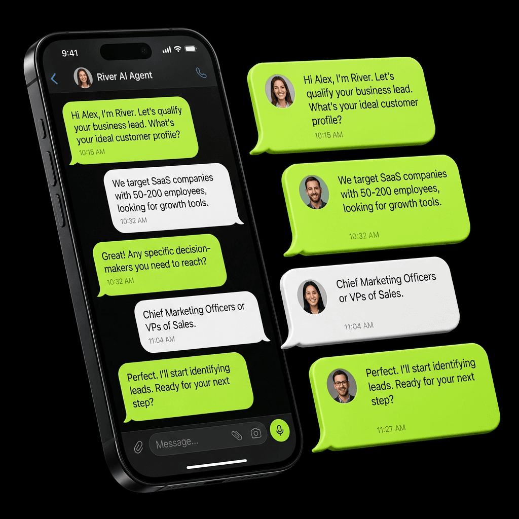 Phone showing River Agent WhatsApp qualification chat