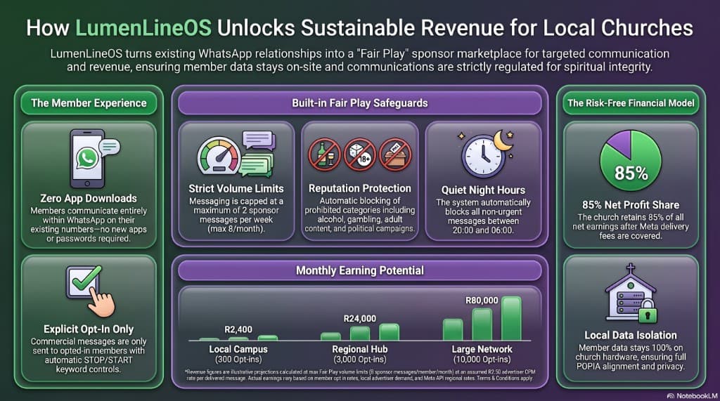 How LumenLine OS unlocks sustainable revenue for local churches — member experience, fair play safeguards, monthly earning potential, and 85% net profit share to the church